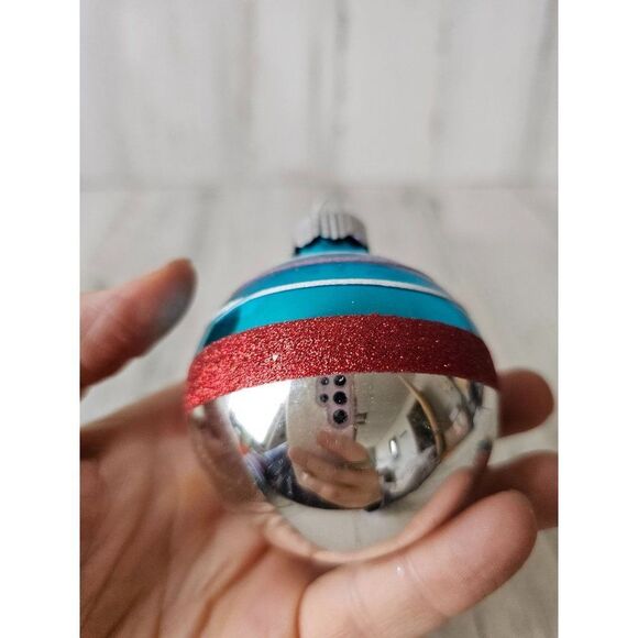 Vintage radko reflector shiny bright blue striped ball ornament silver Xmas tree - Picture 6 of 9